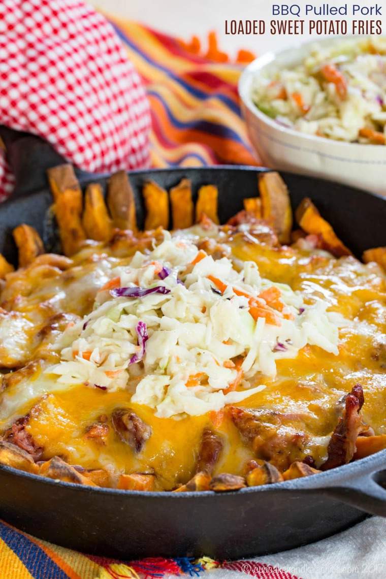 BBQ Pulled Pork Loaded Sweet Potato Fries recipe image with title 