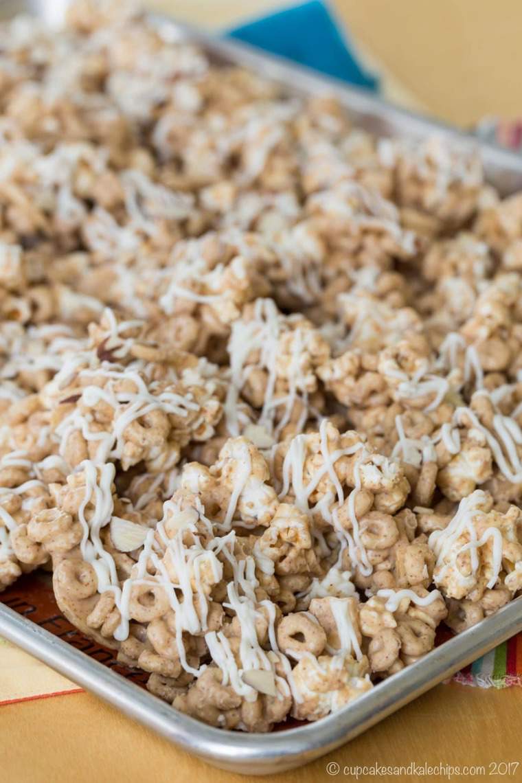 A tray filled with gluten-free Banana Nut Cheerios popcorn snack mix.