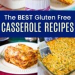 Best Gluten Free Casserole Recipes collage featuring corn pudding, shepherd's pie, lasagna, scalloped potatoes, baked macaroni and cheese, baked spaghetti squash casserole, and cheesy zucchini rice casserole