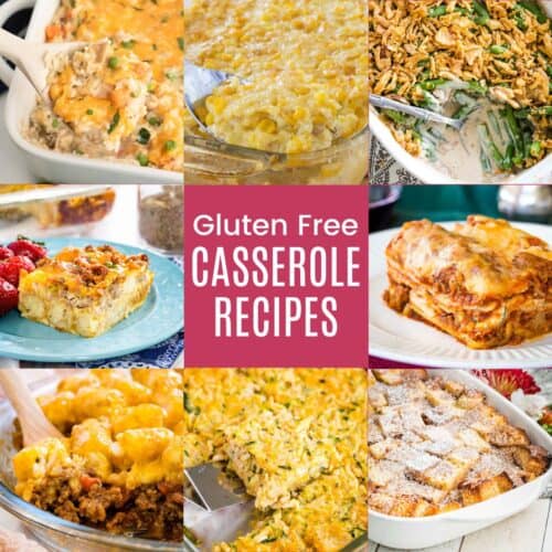 A three-by-three collage of chicken rice casserole, lasagna, french toast casserole, corn pudding, tater tot casserole, and more casseroles with a box in the middle with text that says "Gluten Free Casserole Recipes".