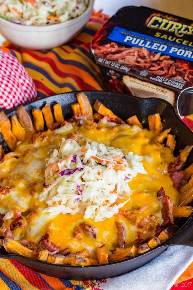 Barbecue Pork Loaded Baked Sweet Potato Fries with Curly's BBQ