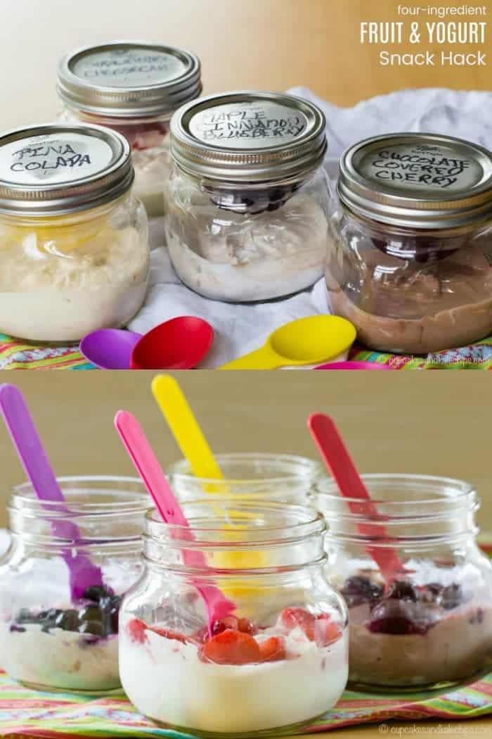 Fruit and Yogurt Snack Hack - a simple mason jar hack makes it easy to pack your favorite fruit and yogurt parfaits - Maple Cinnamon Blueberry, Strawberry Cheesecake, Chocolate Covered Cherry, and Pina Colada, each with only four ingredients. Save empty @dolesunshine Fruit Bowls to make these for breakfast, snack, or dessert and #SharetheSunshine. #AD