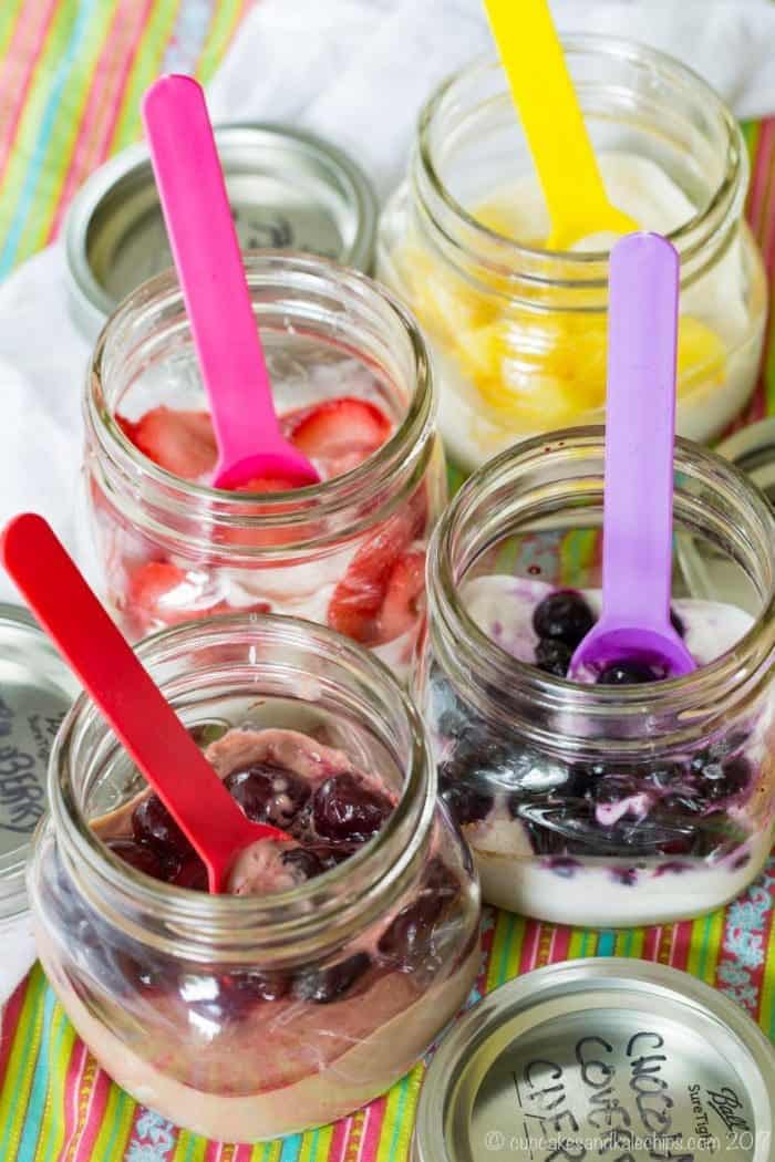 Fruit and Yogurt Snack Hack - Maple Cinnamon Blueberry, Strawberry Cheesecake, Chocolate Covered Cherry, and Pina Colada yogurt parfaits and a simple mason jar snack hack make these an easy breakfast, snack, or dessert recipe. Save empty @dolesunshine Fruit Bowls for these portable snacks and #SharetheSunshine. #AD