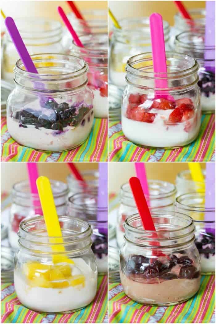 Fruit and Yogurt Snack Hack - only four-ingredients in each of these yogurt parfaits and an easy mason jar hack to make these portable Maple Cinnamon Blueberry, Strawberry Cheesecake, Chocolate Covered Cherry, and Pina Colada fruity yogurt snacks made with @dolesunshine to #SharetheSunshine #AD