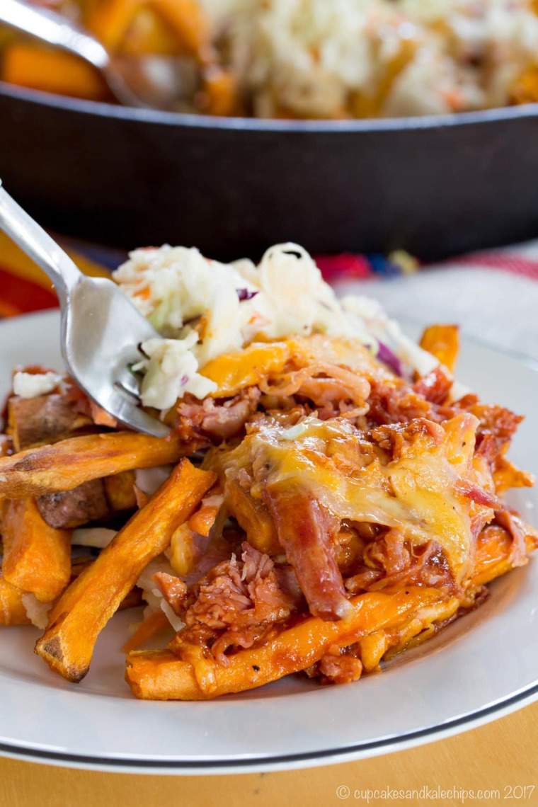 A plate of Barbecue topped Sweet Potato Fries