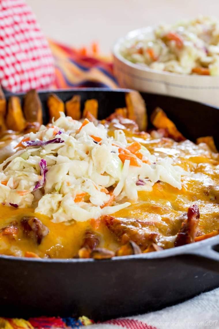 Close up of a skillet of Barbecue Pulled Pork Fries