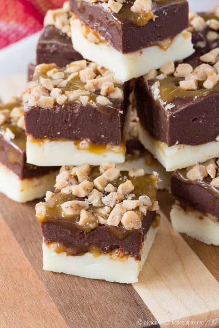 Double Chocolate Fudge with Caramel and Toffee - six-ingredients and ready in minutes.