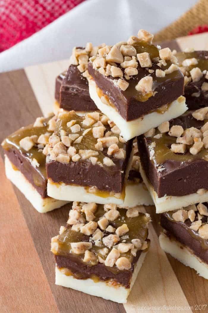Double Chocolate Caramel Toffee Fudge - an easy microwave fudge recipe with layers of white and dark chocolate, gooey caramel, and bits of toffee. This simple candy is perfect no-bake treat for the holidays or any day.