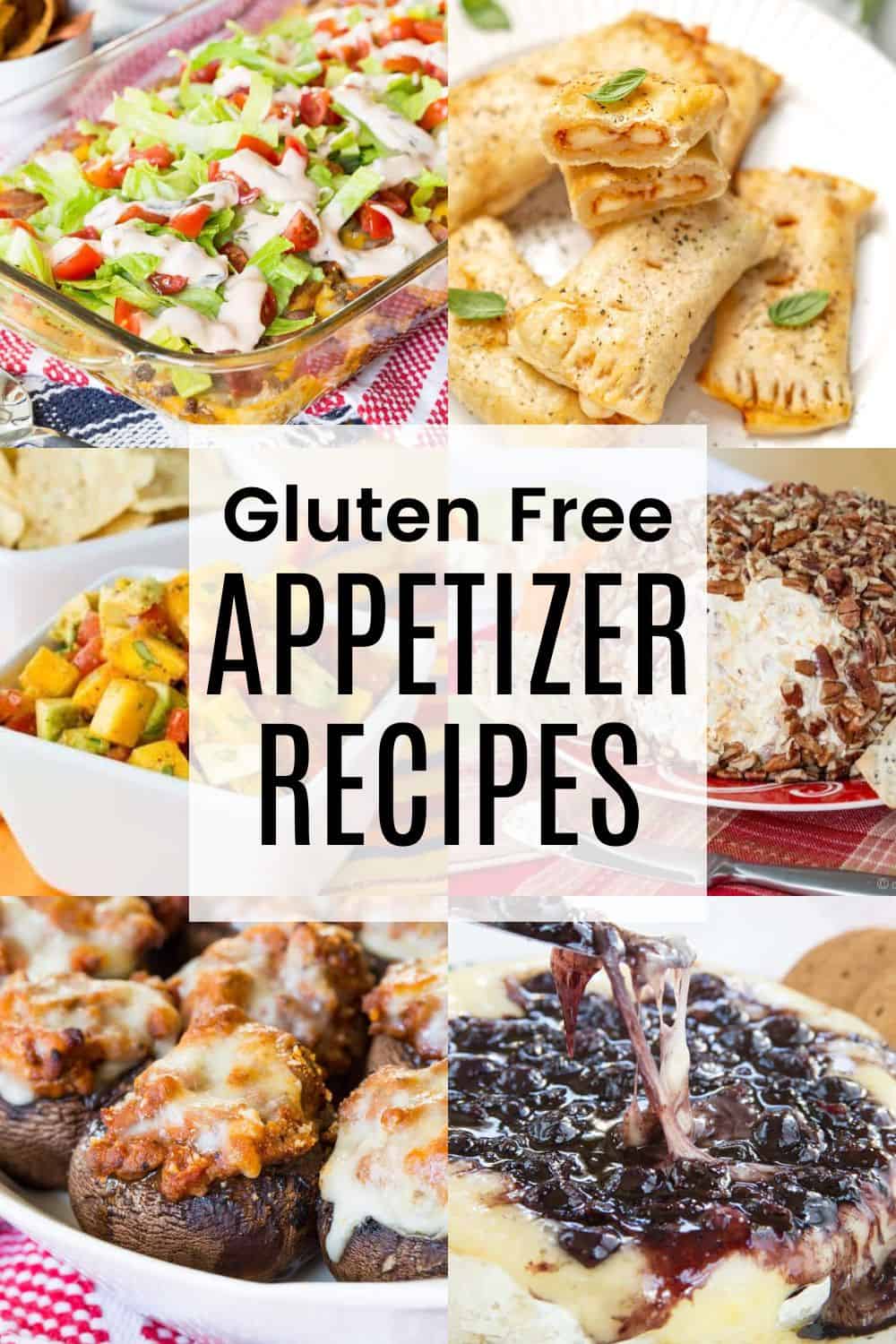 A two by three collage of appetizers like stuffed mushrooms, pizza rolls, a cheese ball, and more, with a transparent white box in the middle with text overlay that says "Gluten Free Appetizer Recipes".