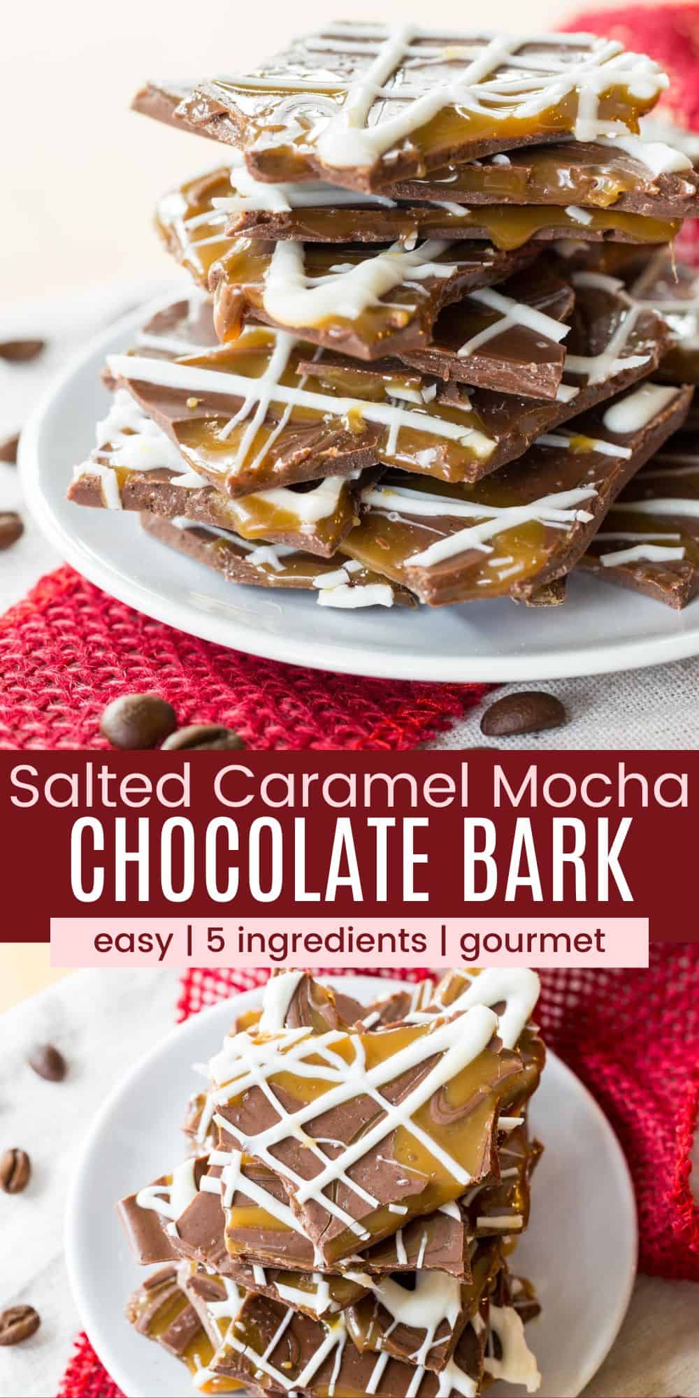 Salted Caramel Mocha Chocolate Bark - an easy chocolate candy recipe inspired by a favorite Starbucks coffee shop drink. With only five ingredients and ready in minutes, make it for Christmas, Valentine's Day, or any day of the year for your favorite chocolate lover. #chocolatebark #saltedcaramelmocha #glutenfree #starbuckslovers #cupcakesandkalechips