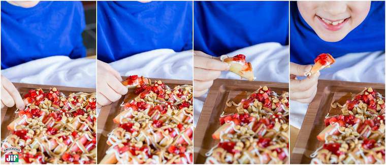 Kid eating Peanut Butter and Jelly Apple Nachos