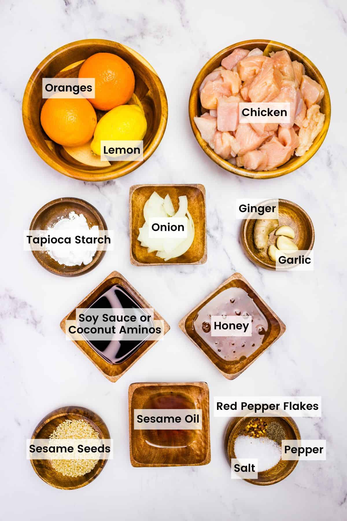 Overhead view of ingredients needed to make slow cooker orange chicken