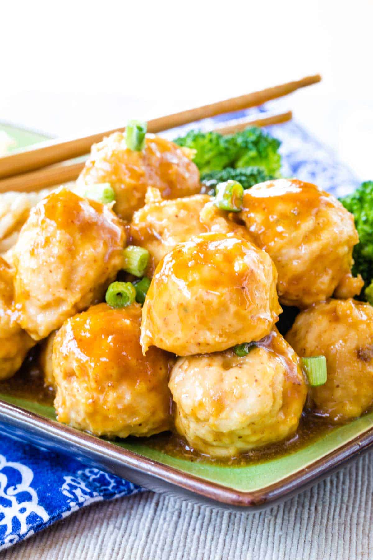 General Tso's Chicken Meatballs on a serving dish.