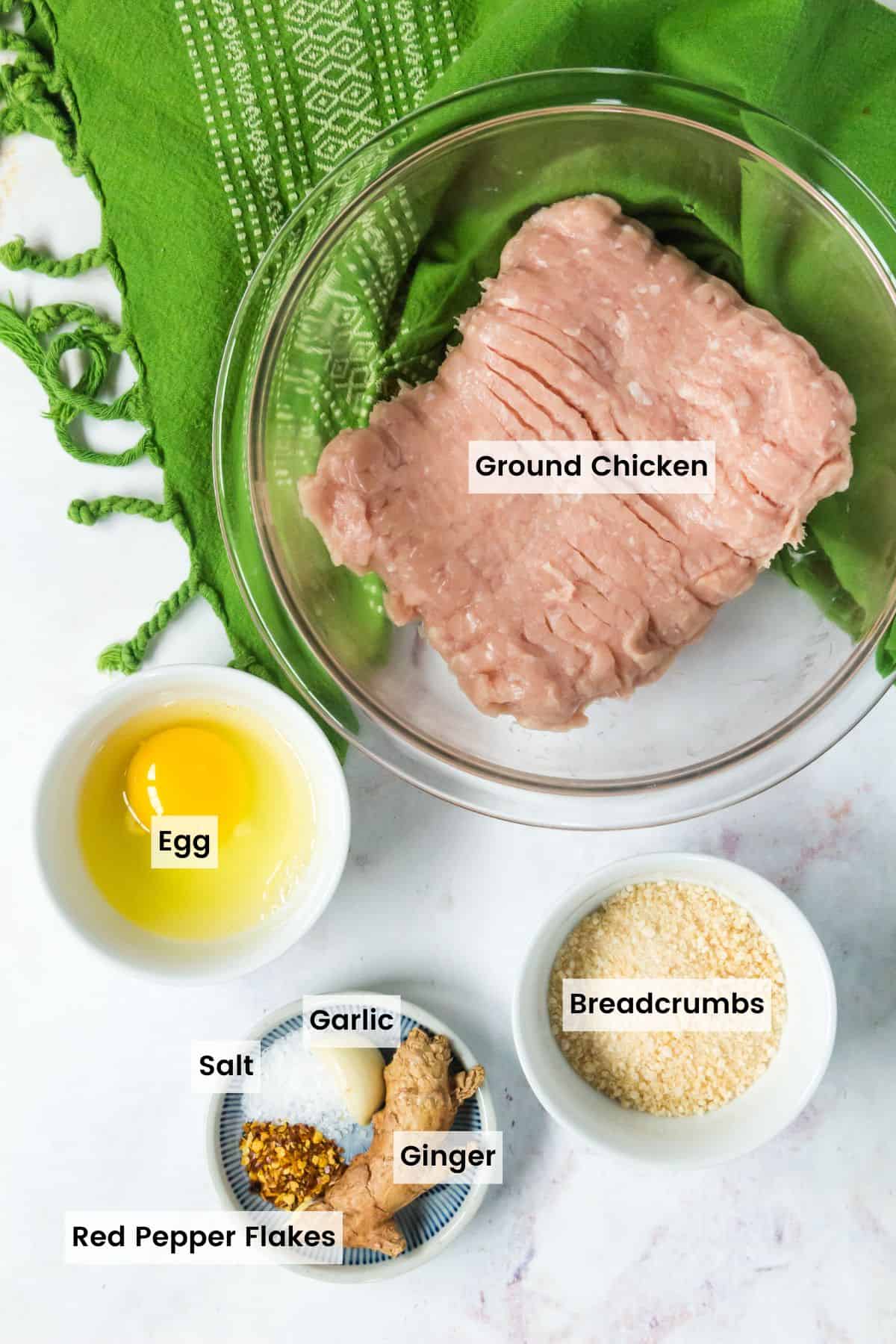 Overhead view of ingredients needed to make gluten free Asian chicken meatballs