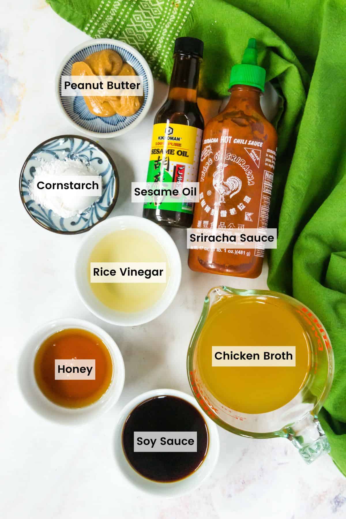 Overhead view of ingredients needed to make the Asian sauce for chicken meatballs