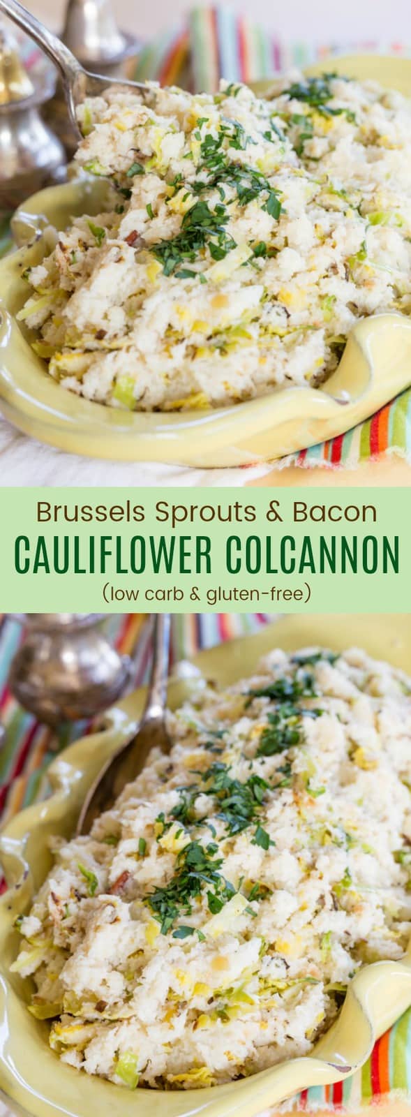 Pinterest title image for Brussels Sprouts Bacon Cauliflower Colcannon