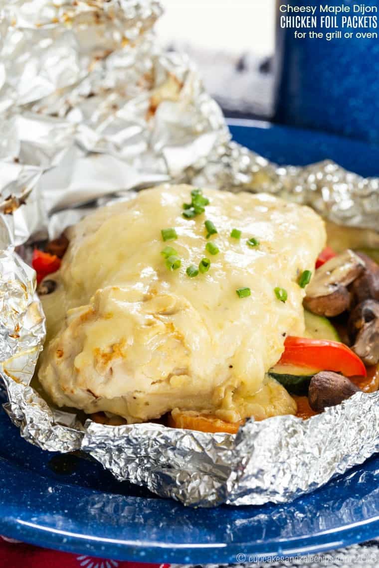 Cheesy Maple Dijon Chicken Foil Packets recipe with veggies for the grill or oven