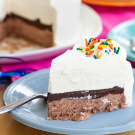 Homemade Ice Cream Cake on a blue plate with a fork