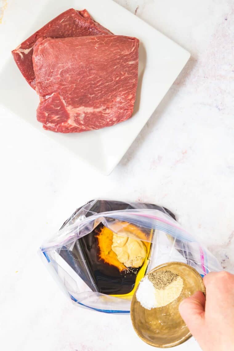 add the seasonings to the rest of the balsamic steak marinade ingredients in a plastic storage bag