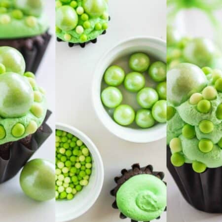 collage of choclate cupcakes decorated with green crosting and various size sprinkles to look like a witches cauldron