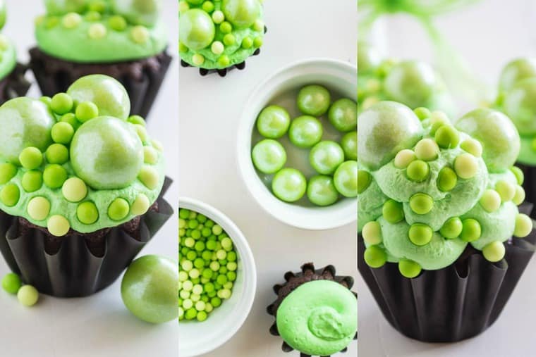 Collage of cupcakes and toppings to make them look like green witches brew