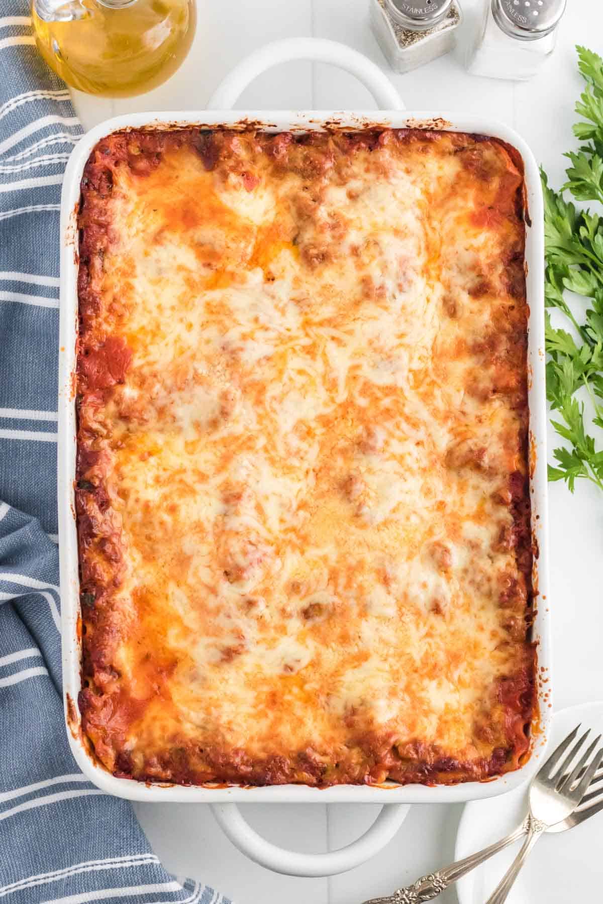 Freshly baked lasagna in a baking dish