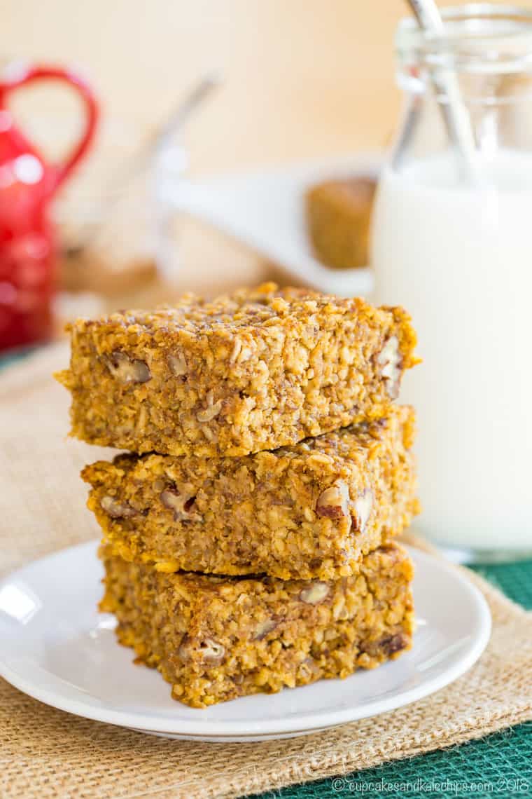 Pumpkin Oatmeal Bars with a bottle of milk