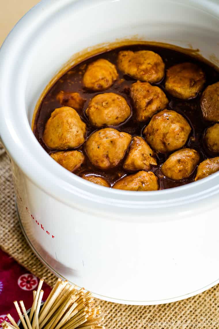 Apple Cider BBQ Turkey Meatballs in a mini crockpot for a party appetizer