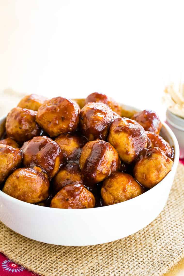 Bowl of gluten free turkey meatballs with apple cider barbecue sauce