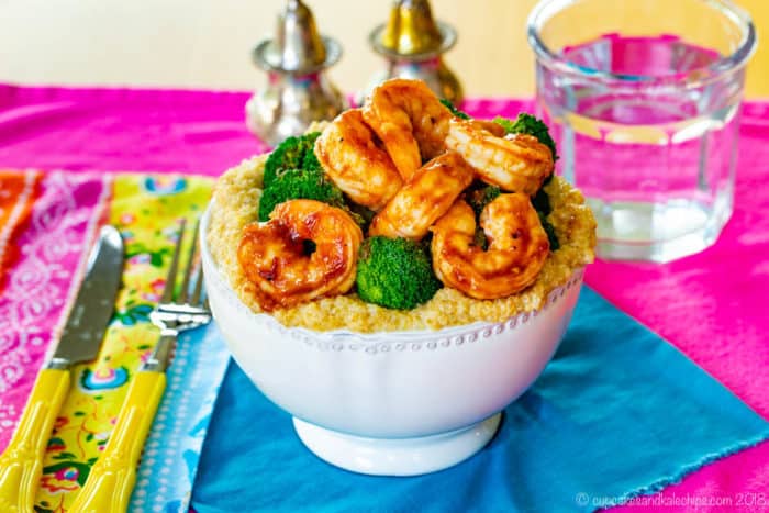 BBQ shrimp quinoa bowls with broccoli