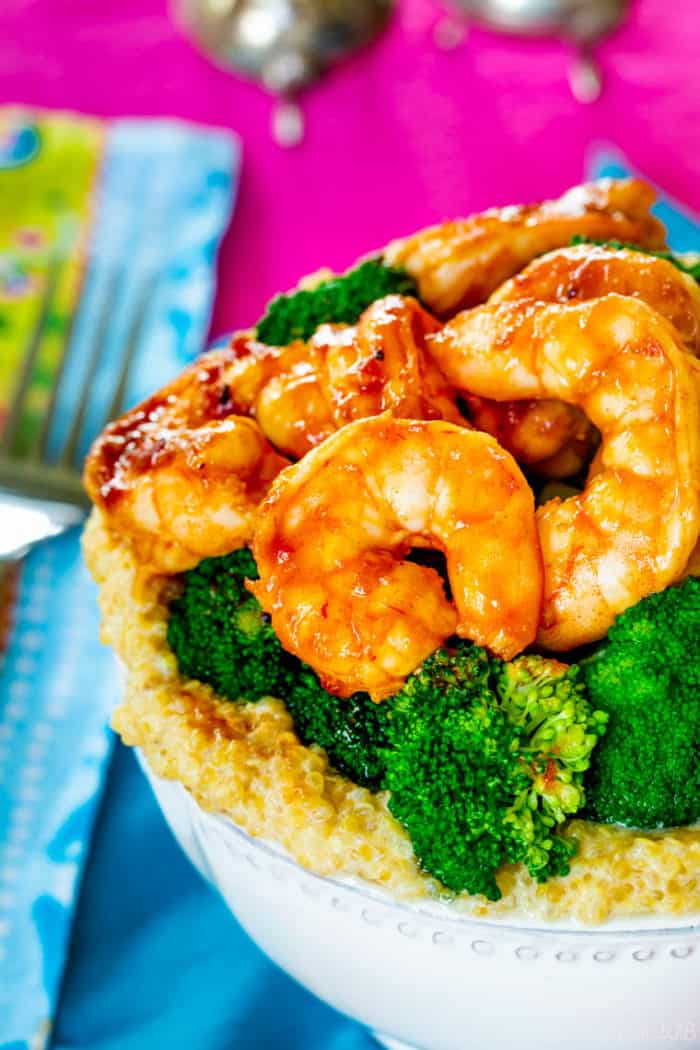 BBQ shrimp quinoa bowl with broccoli