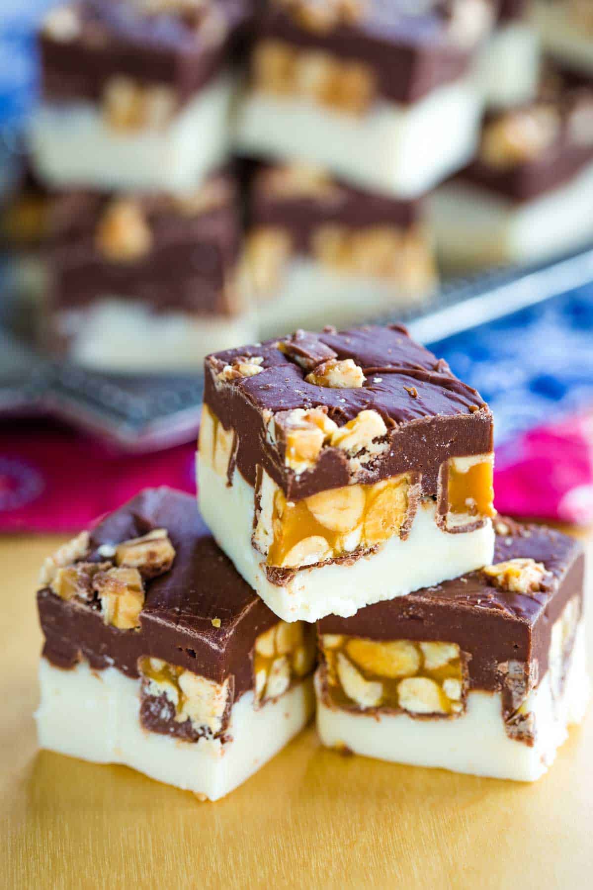 Three squares of Snickers Fudge.