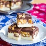 Snickers Candy Bar Fudge on a plate