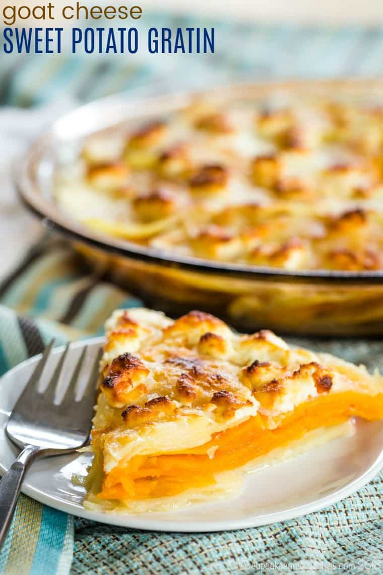 Goat Cheese Sweet Potato Gratin Recipe with text