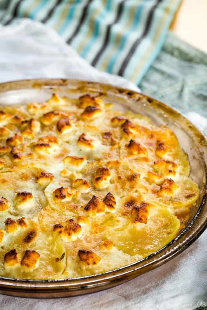 Goat Cheese Sweet Potato Gratin in a pie plate