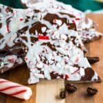 Easy Christmas candy Peppermint Mocha Chocolate Bark with a candy cane and coffee beans