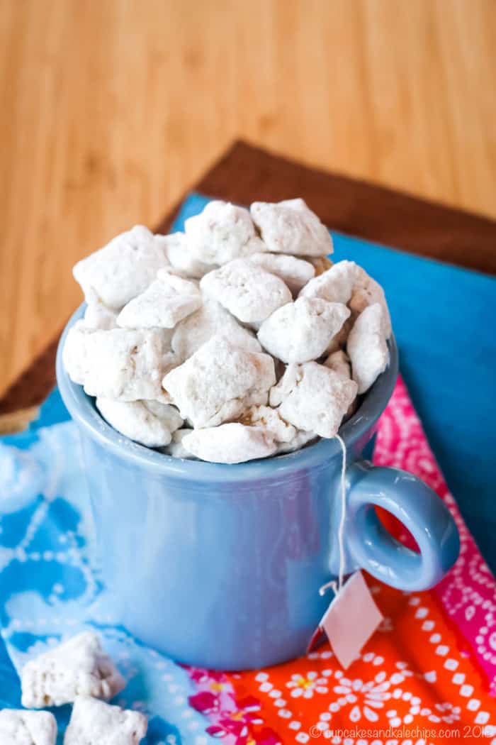 Overhead of blue mug with Chai White Chocolate Puppy Chow
