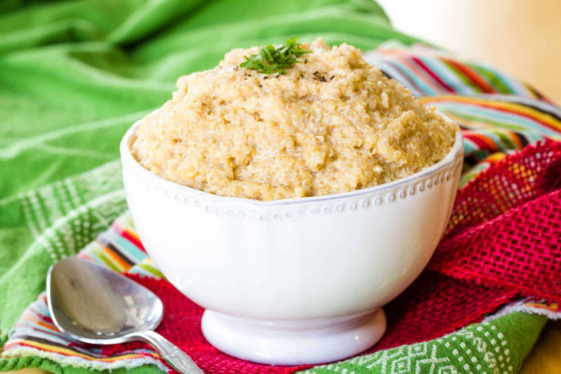 A serving bowl of the quinoa recipe.