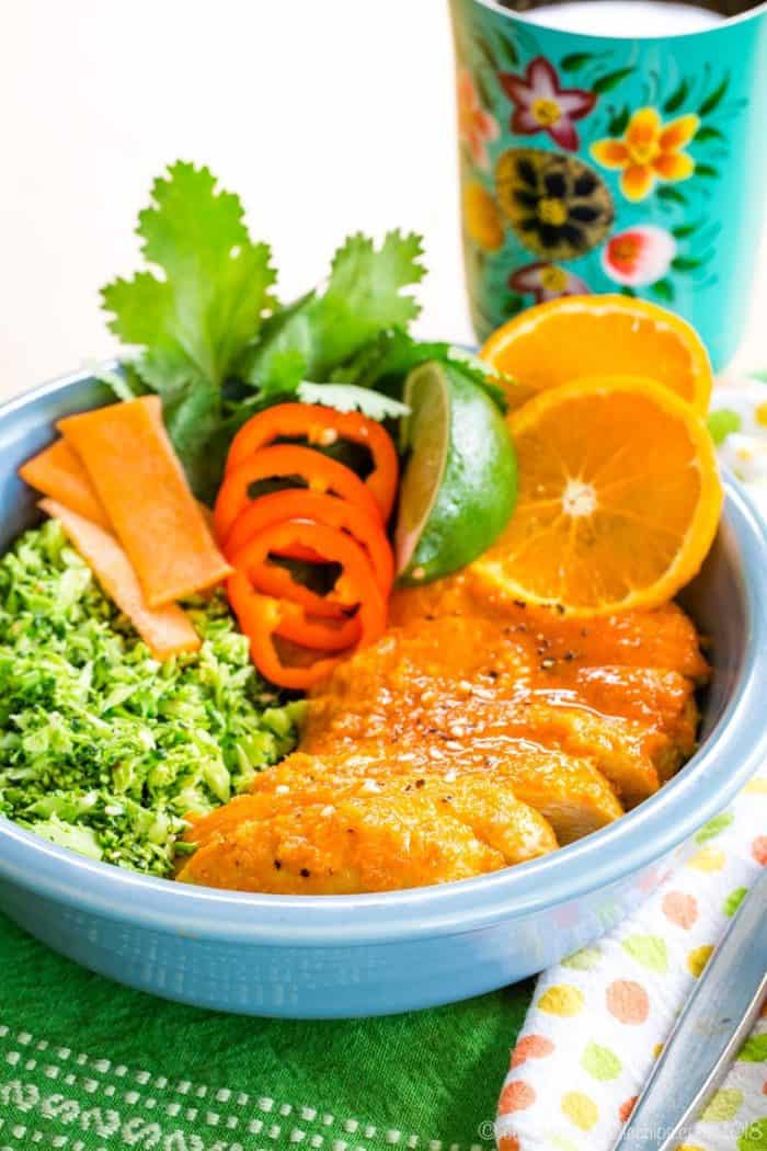 Gluten Free Orange Chicken Broccoli Rice Bowls in a blue bowl