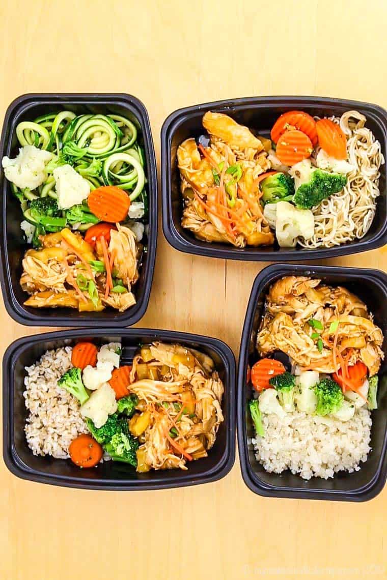 Slow Coker or Pressure Cooker Pineapple Teriyaki Chicken in meal prep containers