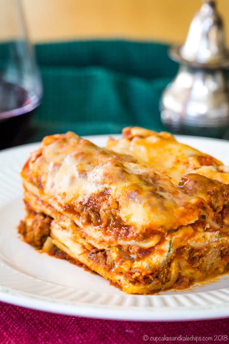 A closeup to show the layers of lasagna noodles, meat sauce, and cheese.