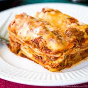 Closeup Overhead of the Best Gluten Free Lasagna on a plate.