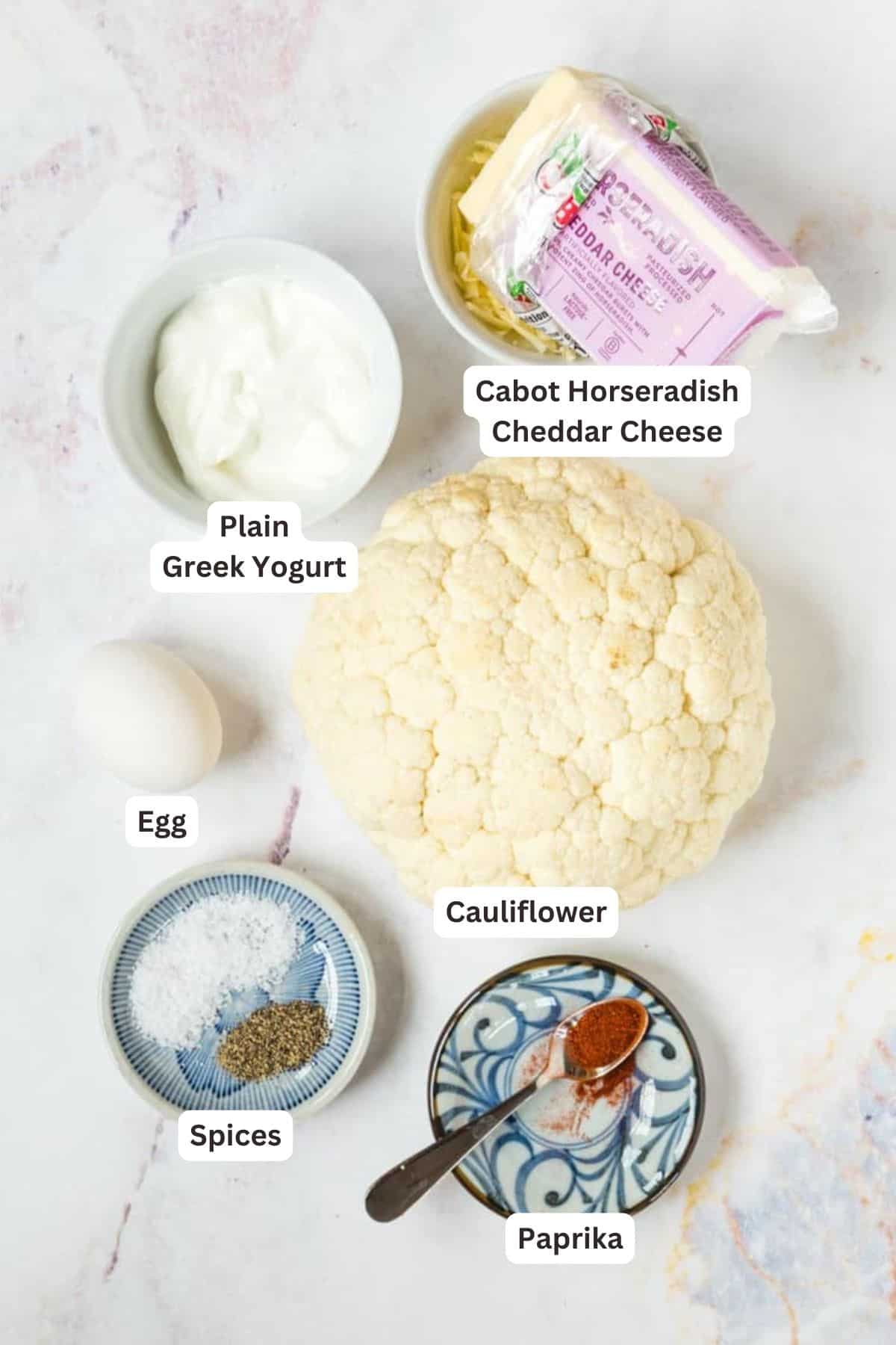 Ingredients for Horseradish Cheddar Cheesy Cauliflower Gratin.