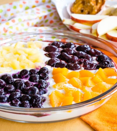 Greek Yogurt Fruit Dip with apples and graham crackers for dipping