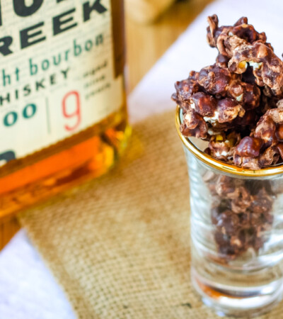 Bourbon Pecan Chocolate Popcorn in a shot glass
