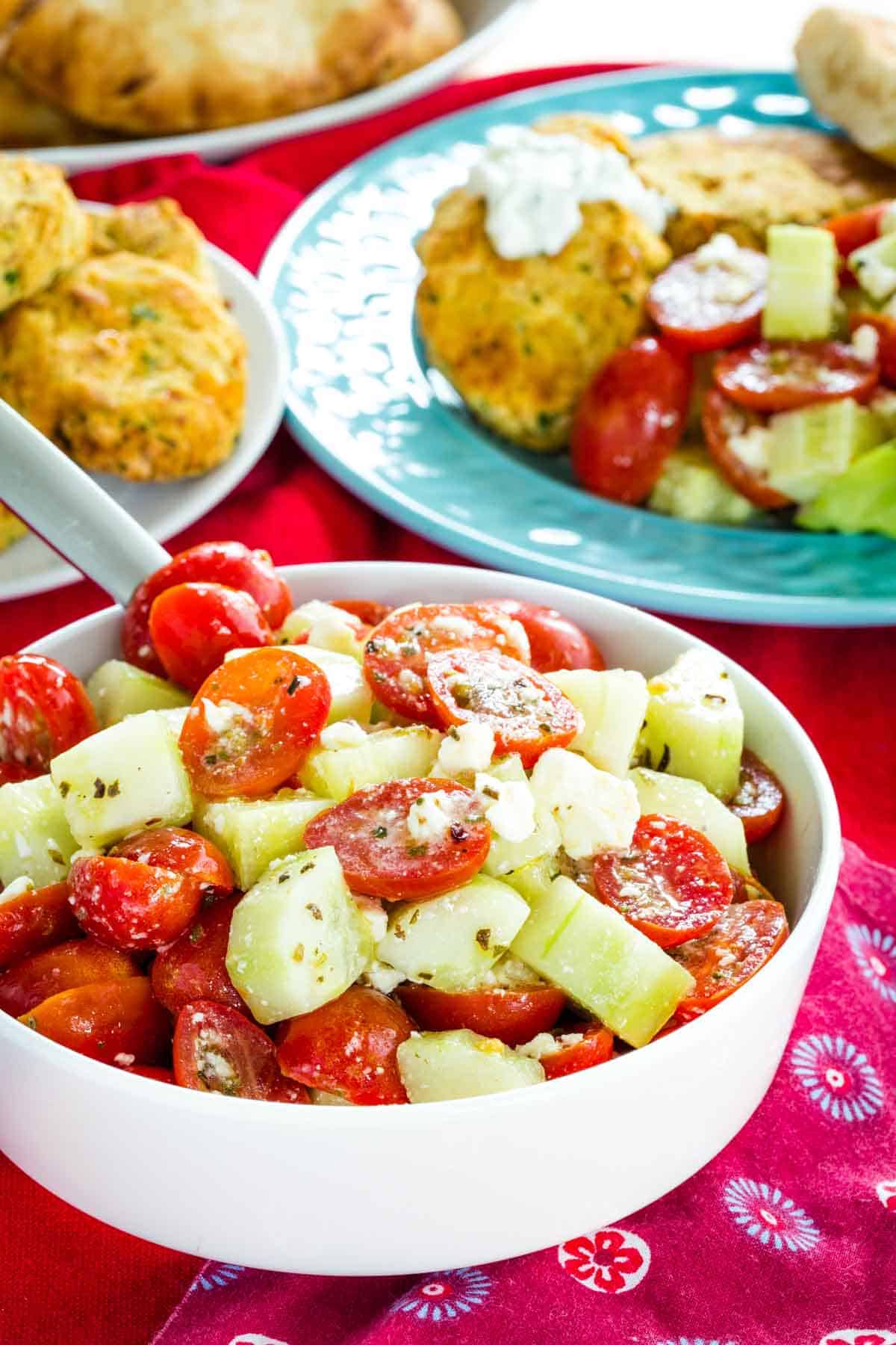 Cucumber Tomato Salad with Feta as part of a Mediterranean meal