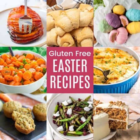 A three-by-three collage of ham, crescent rolls, maspeas and carots, and mini muffins with a pink box in the middle with text that says "Gluten Free Easter Recipes".