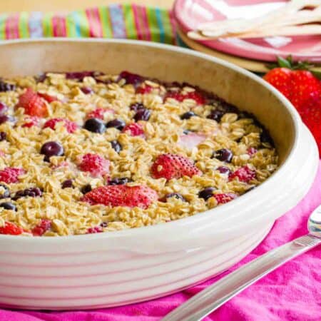 Round baking dish with Mixed Berry Baked Oatmeal