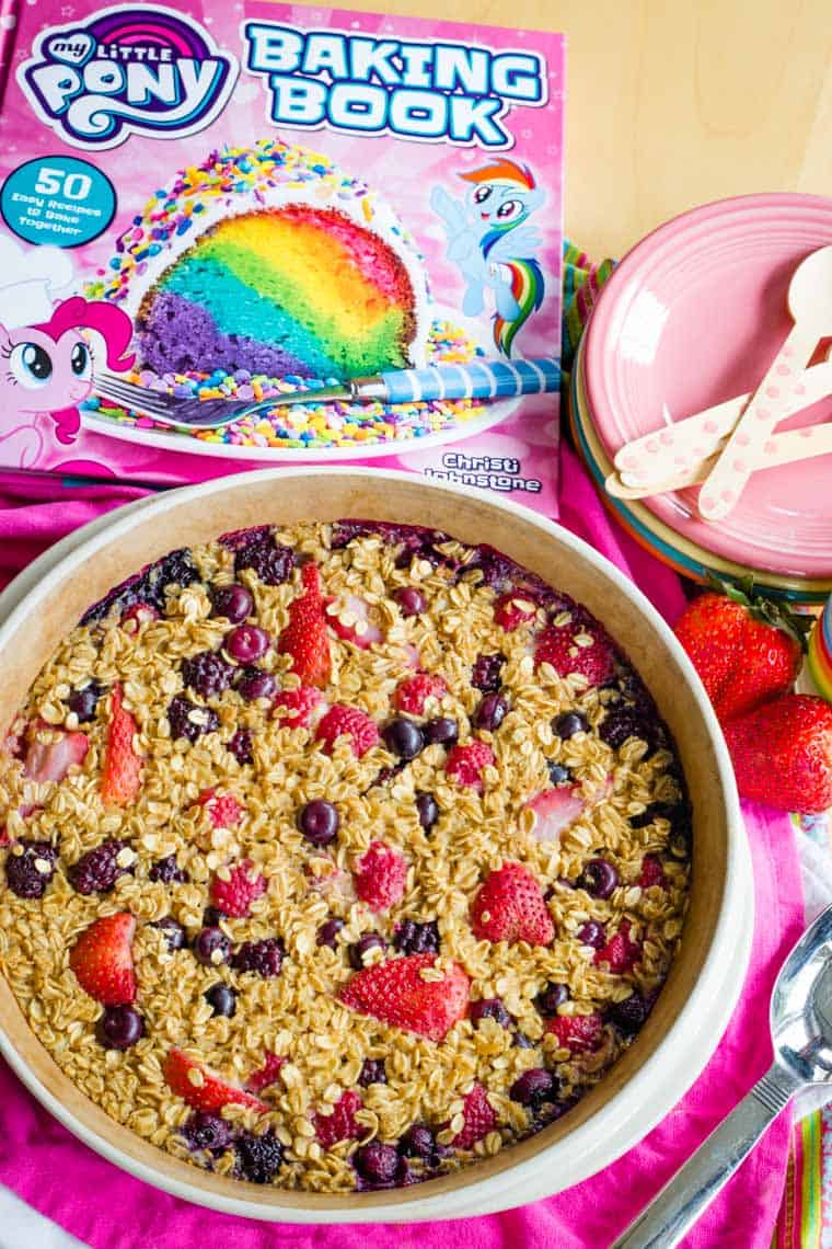 Overhead of Mixed Berry Baked Oatmeal from the My Little Pony Baking Book