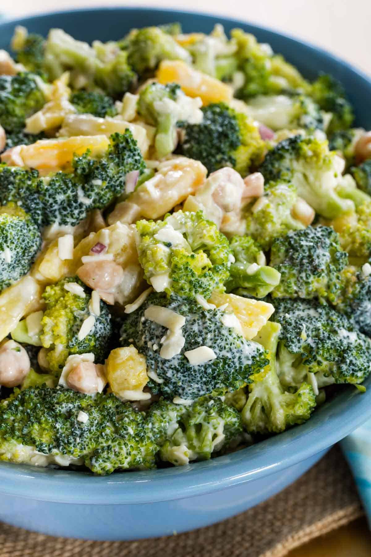 Closeup of Tropical Broccoli Salad with Pineapple and Macadamia Nuts.